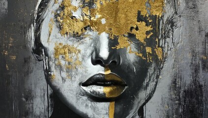 Portrait highlighting an abstract golden face with striking textures and hints of artistic decay