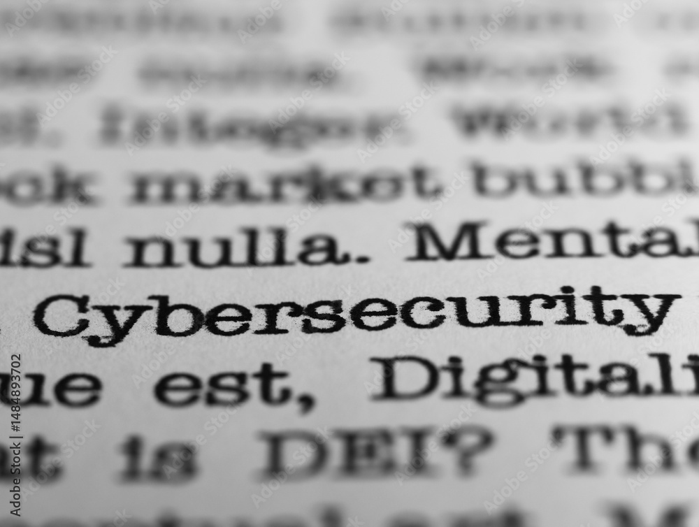 Fototapete cybersecurity. text printed on a page. a piece of paper with a phrase written in retro typewriter fo