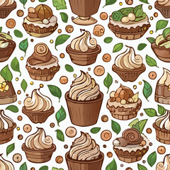 Chocolate Mousse Vector Illustration with Seamless Pattern Design