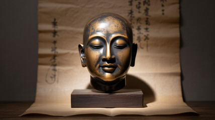 Bronze Head Sculpture in Peaceful Spiritual Asian Art Style