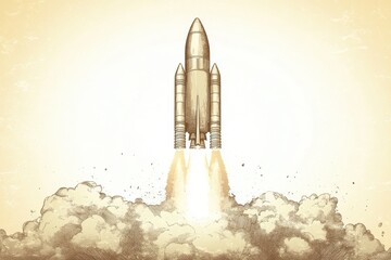 Naklejka premium Rocket launches into the sky with powerful flames and thick clouds of smoke in a historic moment of exploration and adventure