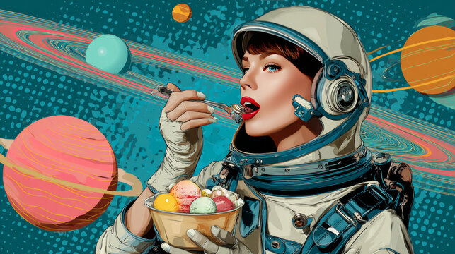 Virtual reality. Woman astronaut and space dreams. Woman astronaut eats planets of the solar system, like ice cream. Humanity and cosmic dreams concept. Pop art retro vector illustration vintage