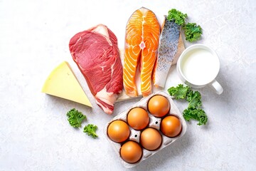 Keto diet ingredients: Variety of protein sources, including salmon, beef, eggs, cheese, and vegetables on a white background