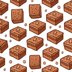 Chocolate Brownies Vector Illustration with Seamless Pattern Design