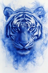 Striking blue and white tiger illustration showcases intricate details and bold colors in a stunning display of artistry and creativity