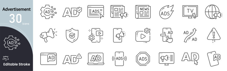 Advertisement related icon collections. Containing Advertisement, Marketing, Promotion, Campaign, Banner, Billboard, Media, Commercial, Brand, and Announcement icons. Editable Stroke. outline icons.