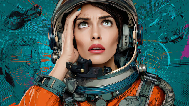 woman astronaut calling for help. Pop art retro vector illustration kitsch vintage drawing