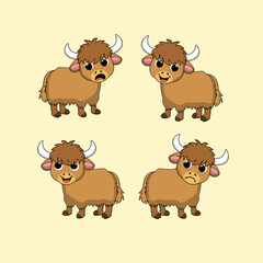 Animal Cute Cartoon Yak with Different Emotions