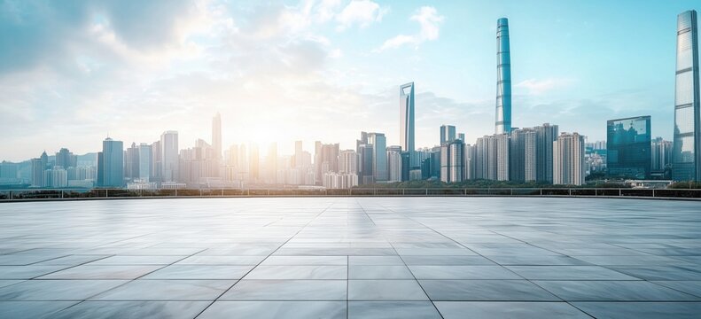 Fototapeta Panoramic city skyline view: empty marble square floor for product showcase, daytime landscape photography