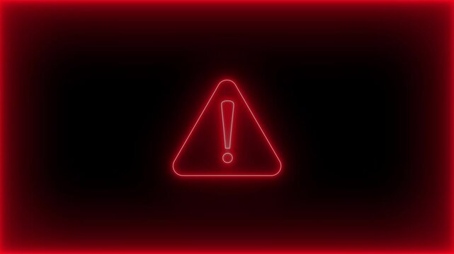 Glitch animation of neon warning icon on blinking light background, symbolizing alert, danger, error, cyber security, system failure, glitch effect, digital warning
