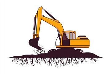 Silhouette of excavator digging earth for landscaping work