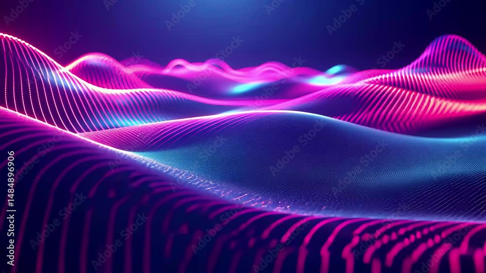Poster futuristic digital wave pattern with neon lights creating dynamic visual depth and movement, footage