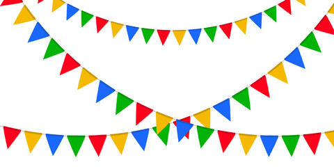 Obraz premium Red, green, yellow and blue flag garland. Triangle pennants chain. Festa Junina party decoration. Celebration flags for decor
