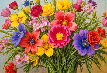 A vibrant bouquet of cosmos flowers bursts with color, showcasing reds, yellows, blues, and purples against a muted background.
