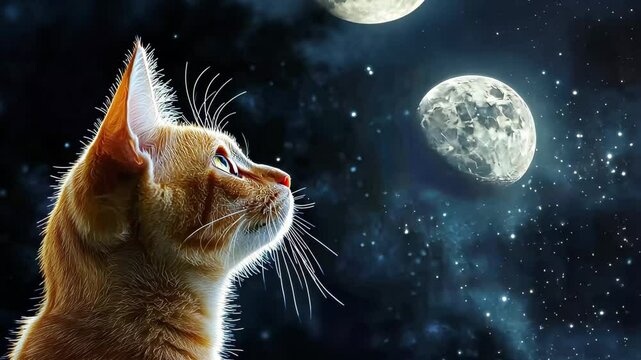 Curious cat gazes at the moon in a seamless cosmic journey through space, cat in space looking at the moon seamless ing timelapse virtual video Background
