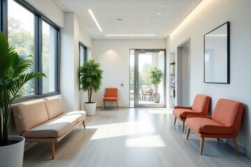 Modern, bright doctor's surgery waiting area with comfortable seating and natural light , interior, modern, treatment