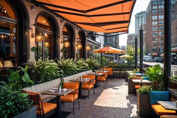 Obraz premium Stylish Outdoor Dining Area of Trendy Restaurant with Chic Awning and Lush Greenery in Busy Urban Environment