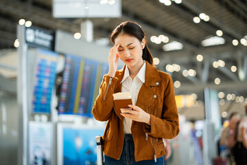 Stressed young asian businesswoman traveler confused missing flight and using smartphone to check...