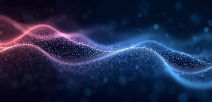 Abstract digital dynamic particle waves. Animation background. Light abstract background waves of particles. Abstract glowing digital cyber wave composed of particles and dots. Big data visualization