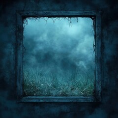 Weathered Wooden Frame Enclosing a Misty Night Field