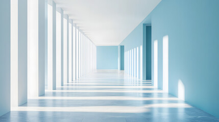 Fototapeta premium Modern Minimalist Architecture: Sunlit Blue Corridor with Symmetrical Shadows