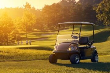 Stylish golf cart parked on scenic golf course