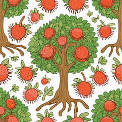 Rambutan Tree Vector Illustration with Seamless Pattern Design