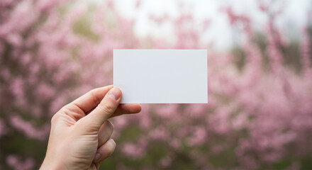 Obraz premium A hand presents a blank card amidst blooming cherry blossoms a fresh start in spring with soft focus