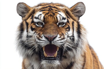 Fototapeta premium Close-up of a tiger's face on a white background.