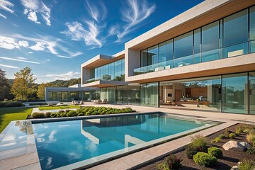 Fototapeta premium Stunning Modern Architecture Surrounded by Lush Gardens and Expansive Glass Facades Under a Vibrant Sky