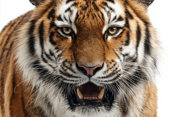 Close-up of a tiger's face on a white background.