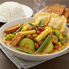 A close-up of a traditional Indonesian sayur asem, a sour vegetable soup with a mix of fresh vegetables, herbs, and spices.