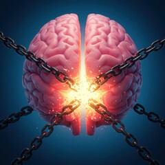 Brain breaking free from chains, mental health concept