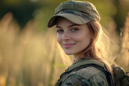 Smiling female soldier in uniform outdoors in nature