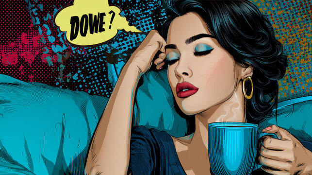 A woman dreams of the morning Cup of coffee pop art retro style. The girl wakes up. Refreshing Breakfast drink. I need a cup of coffee
