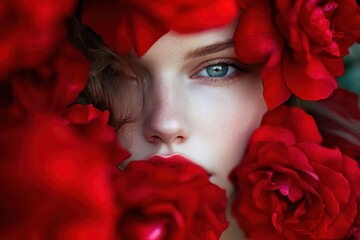 Red roses covering sensual lips in romantic portrait