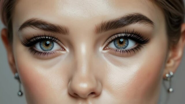 Close-up of a woman with expressive eyes and fox eyes makeup on her face  