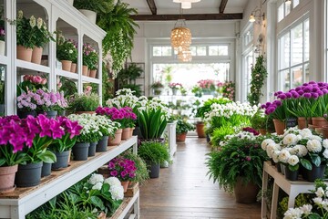 Serene Plant Store Featuring Fragrant Flowers and Lush Greenery in White and Magenta Accents