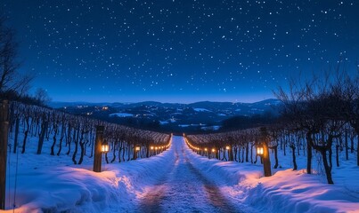 Lantern-lit trail winding through a vineyard blanketed in snow under a star-filled sky, Generative AI