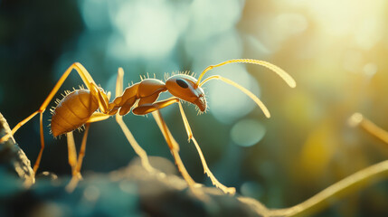 Close-up of an orange ant climbing a branch in a vibrant, sunlit forest environment
