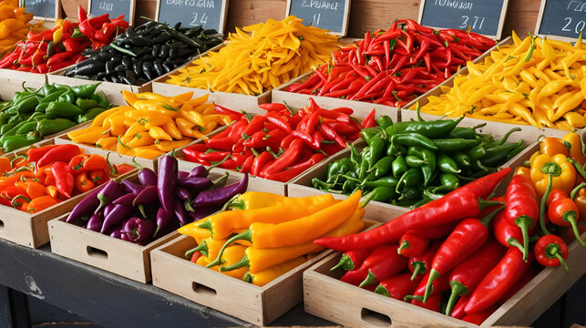 Beautiful showcase with different peppers - bulgarian, chili, kapi in market