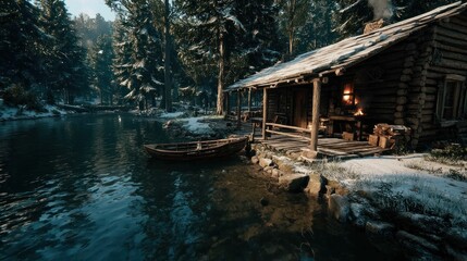 Obraz premium Rustic cabin by snowy river