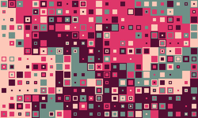 Fototapeta premium Abstract geometric background featuring a vibrant mosaic of squares in varying shades of pink, maroon, beige, and teal. Perfect for modern design projects, presentations, or website backgrounds.