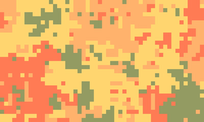 Abstract pixelated autumnal camouflage pattern in warm oranges, yellows, and greens.  Ideal for backgrounds, textures, or digital art projects. Evokes feelings of fall, nature, and modern design.