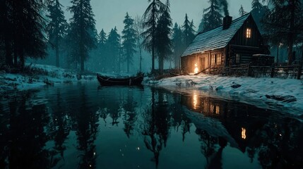 Obraz premium Cozy cabin in snowy forest landscape