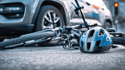 Collision aftermath of a bicycle and SUV on a city street with a blue helmet and bike lying down