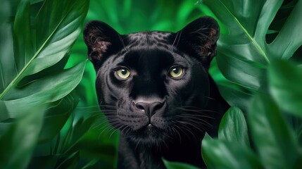 Majestic Black Panther Staring Intensely Through Lush Green Foliage