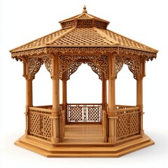 Fototapeta premium Wooden gazebo with intricate carvings, isolated on white background