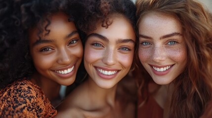 Three young women smiling: diverse friendship and joyful bonding