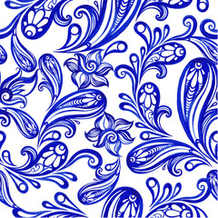 Blue floral watercolor texture pattern with flowers. 